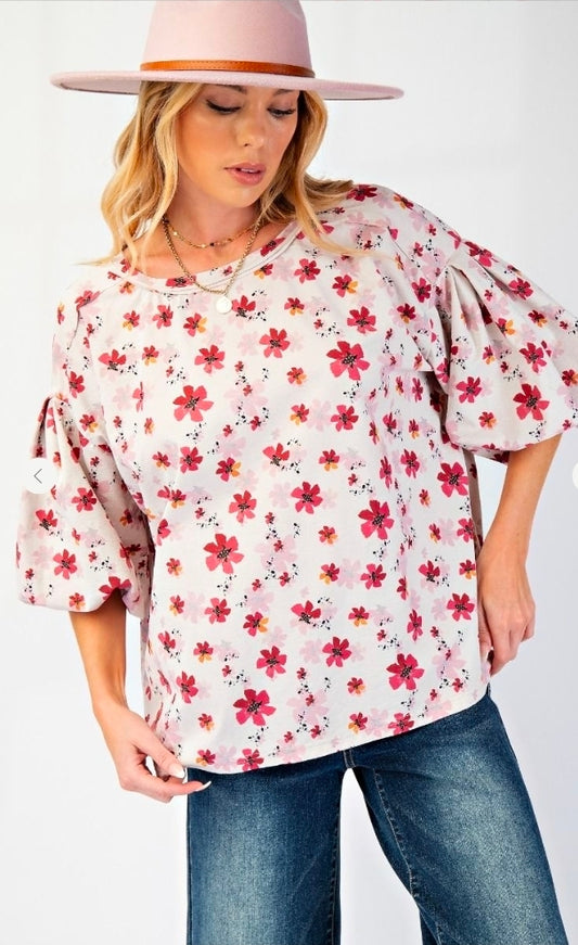 Boho Bubble Sleeve Printed Top