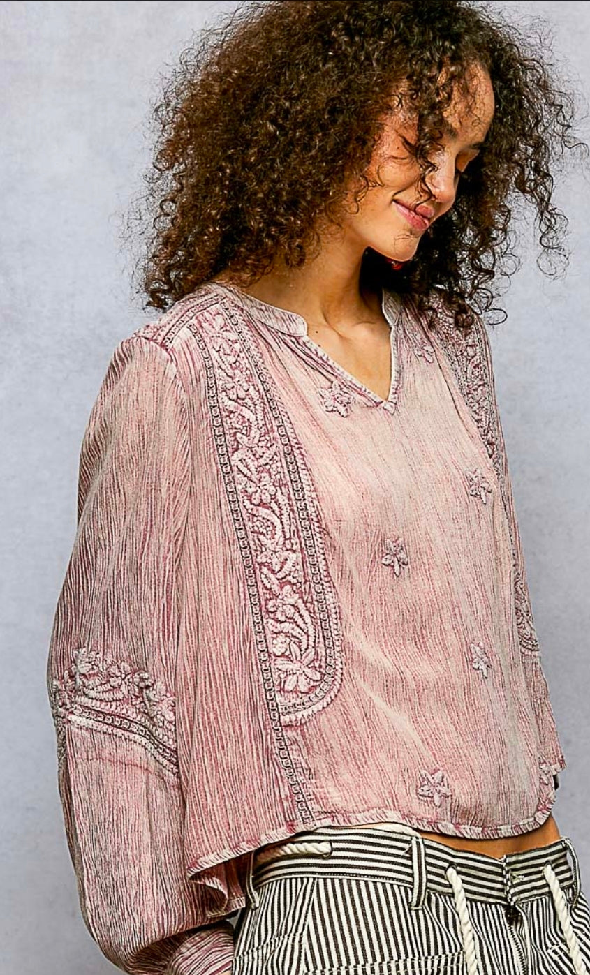 Pink Floral Embroidery Blouse