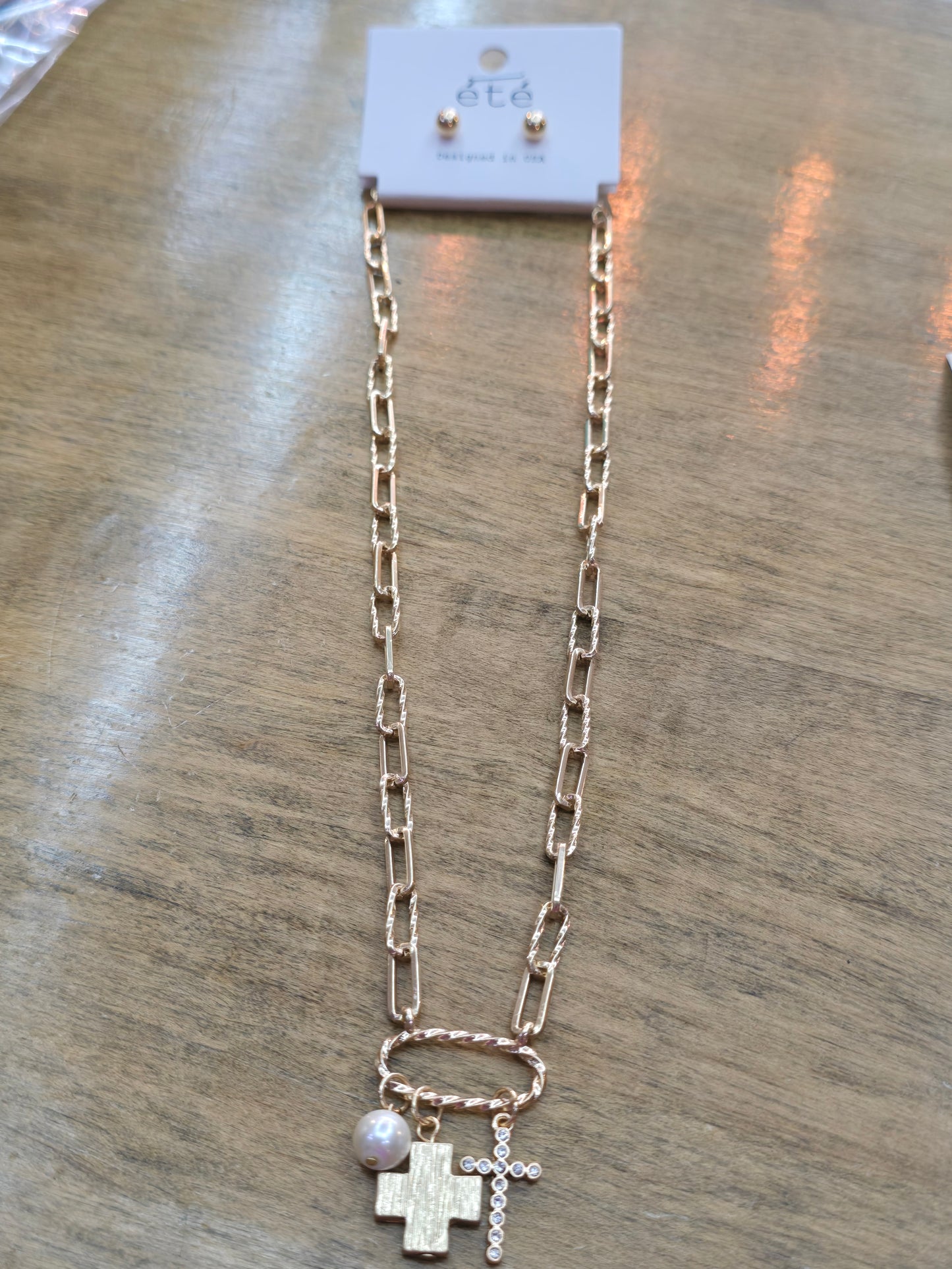 Gold Cross and Pearl Charm Necklace