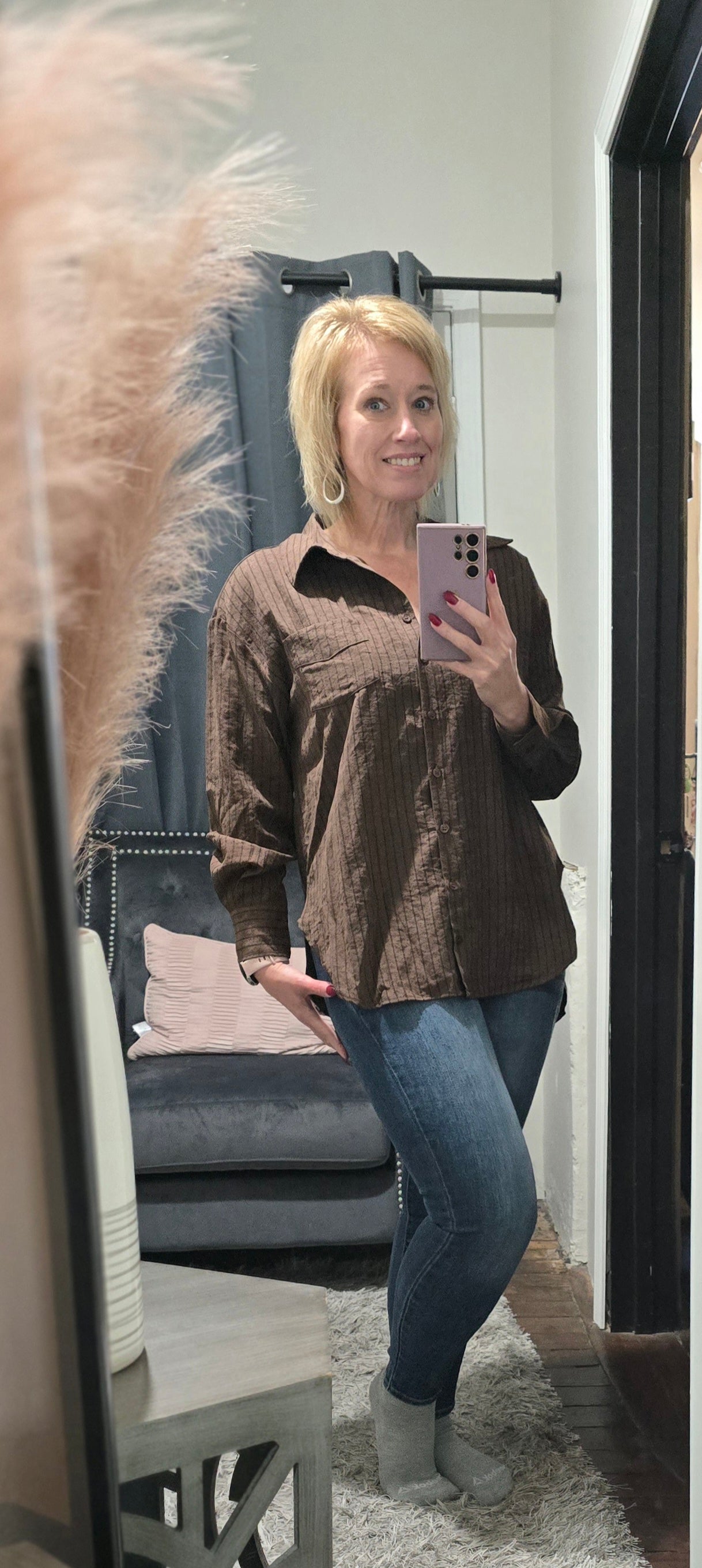 Striped Suede-Touch Button Down Shirt