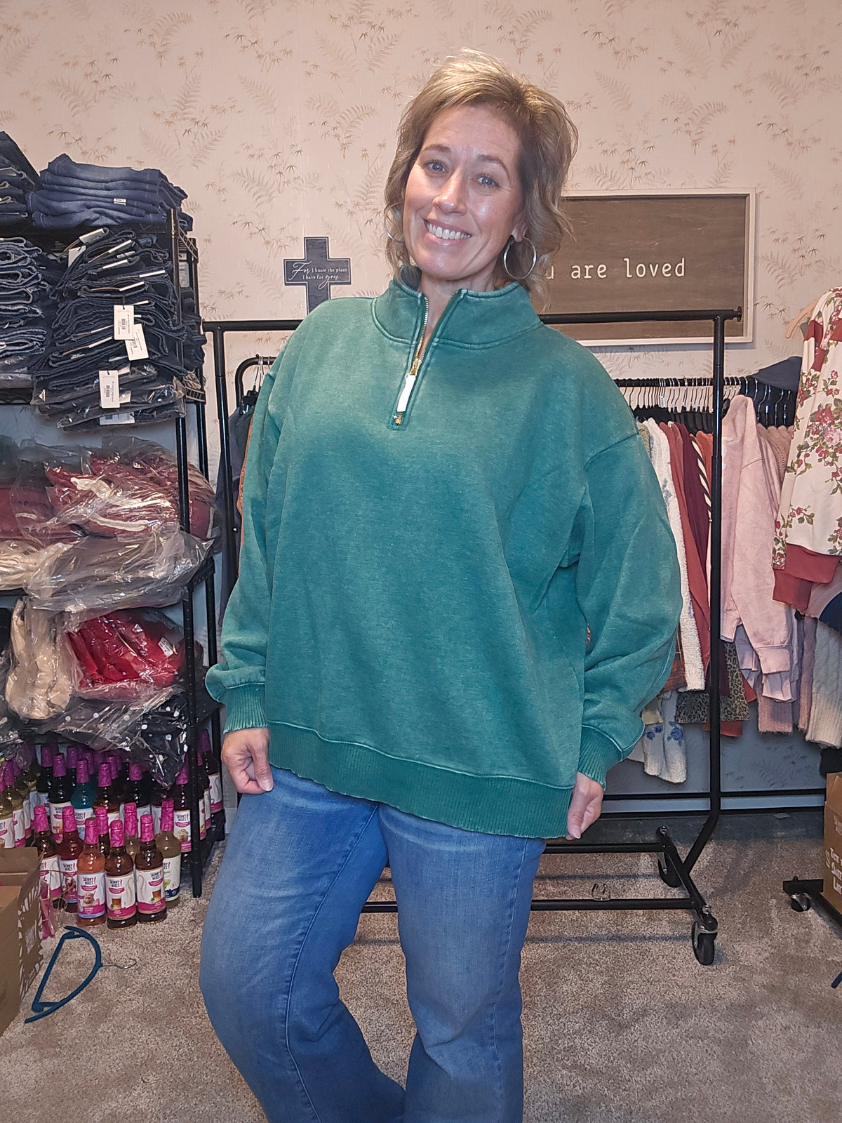 Curvy Acid Washed Zip Pullover in Hunter