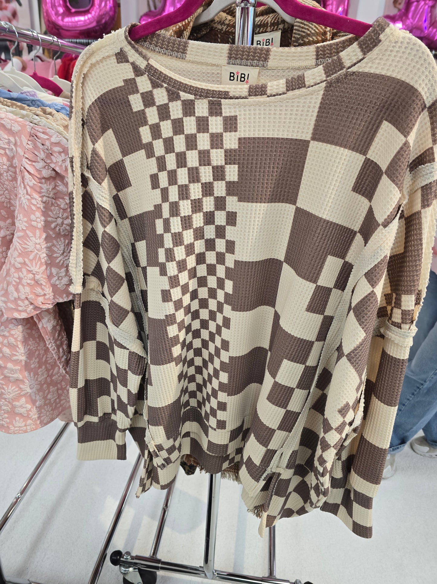 Checkered Print Oversized Thermal Sweatshirt
