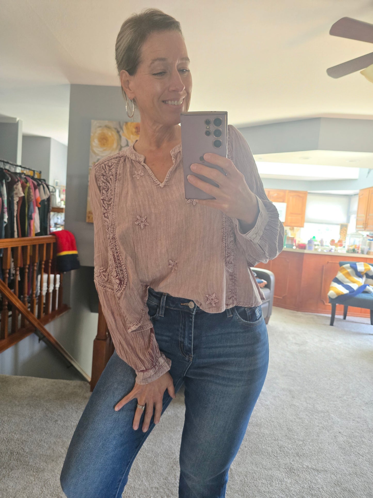 Pink Floral Embroidery Blouse