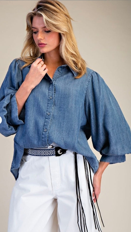 Washed Denim Bubble Sleeve Top