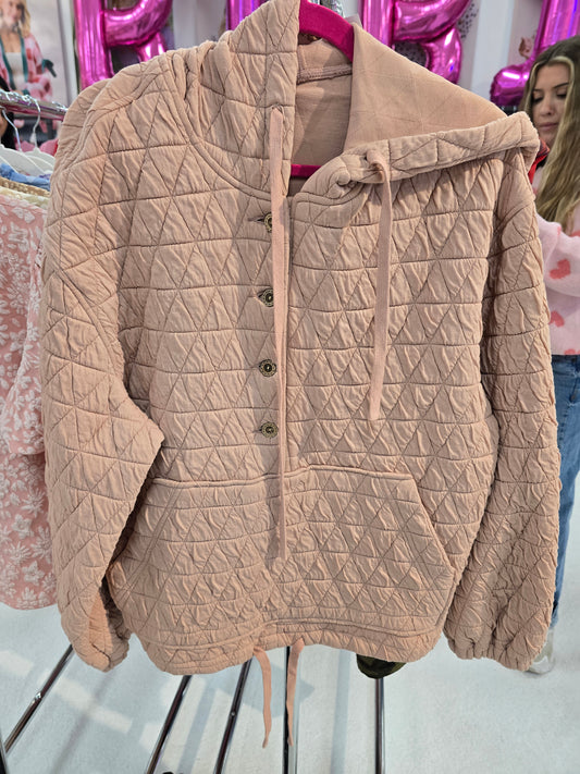 Pink Quilted Buttoned Hoodie