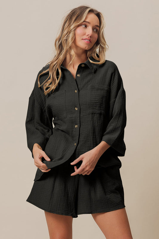 Black Crinkle Gauze Short Set