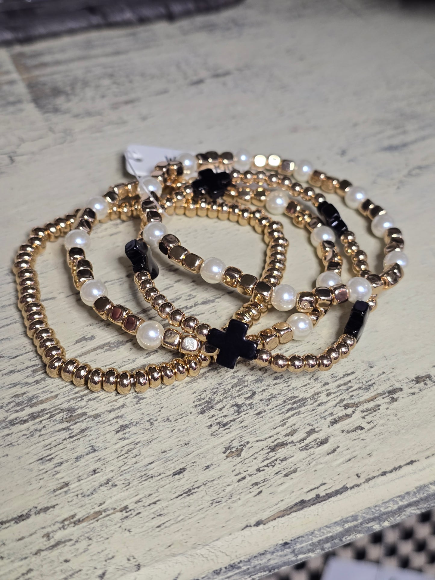 Gold Beaded Pearl with Black Crosses Bracelet Stack