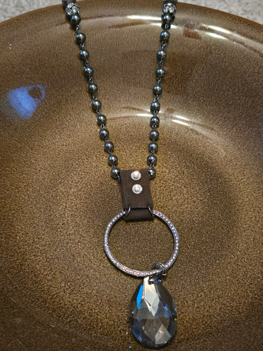 Bronze Leather Beaded and Crystal Necklace