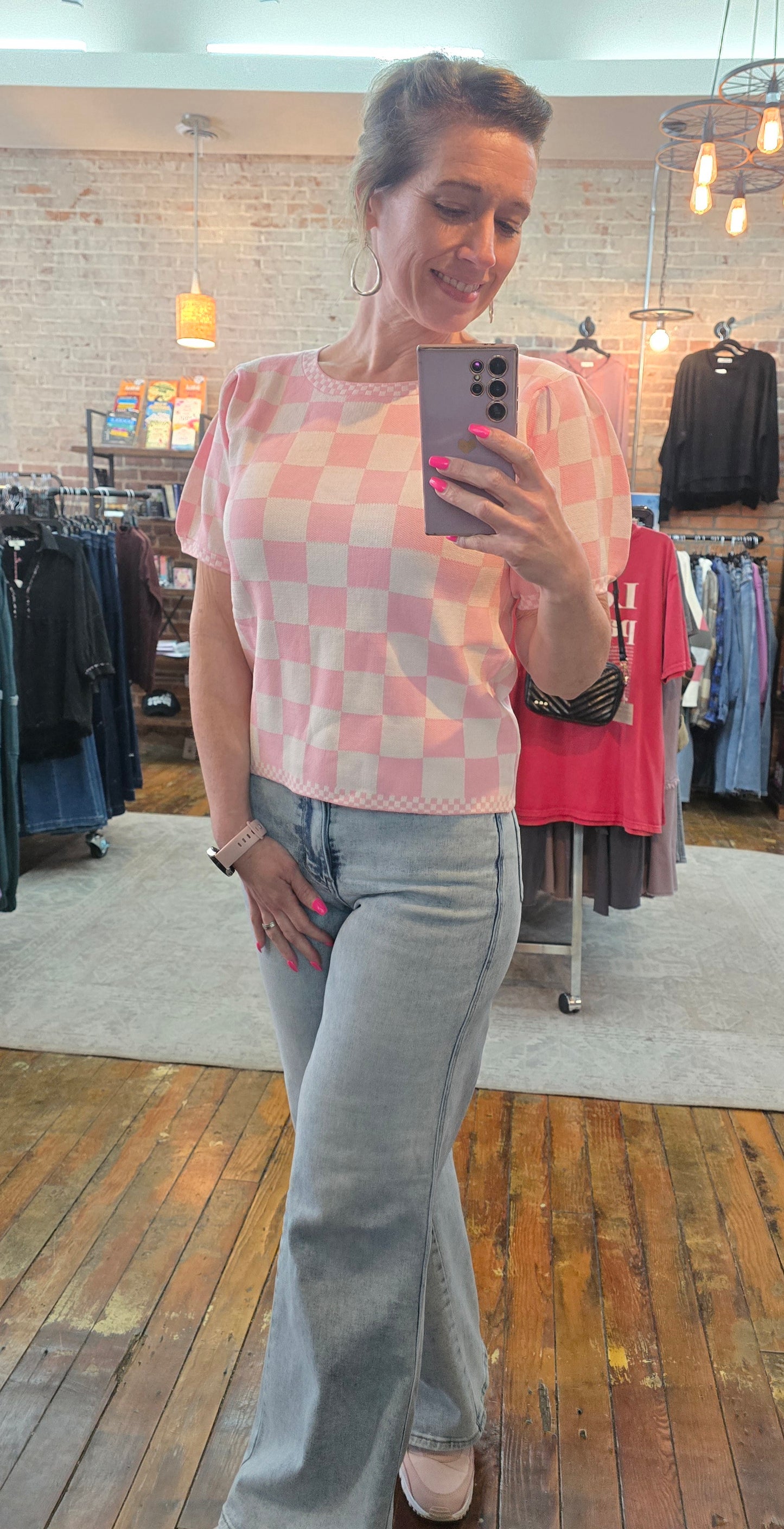 Blush Checked Puff Sleeve Top