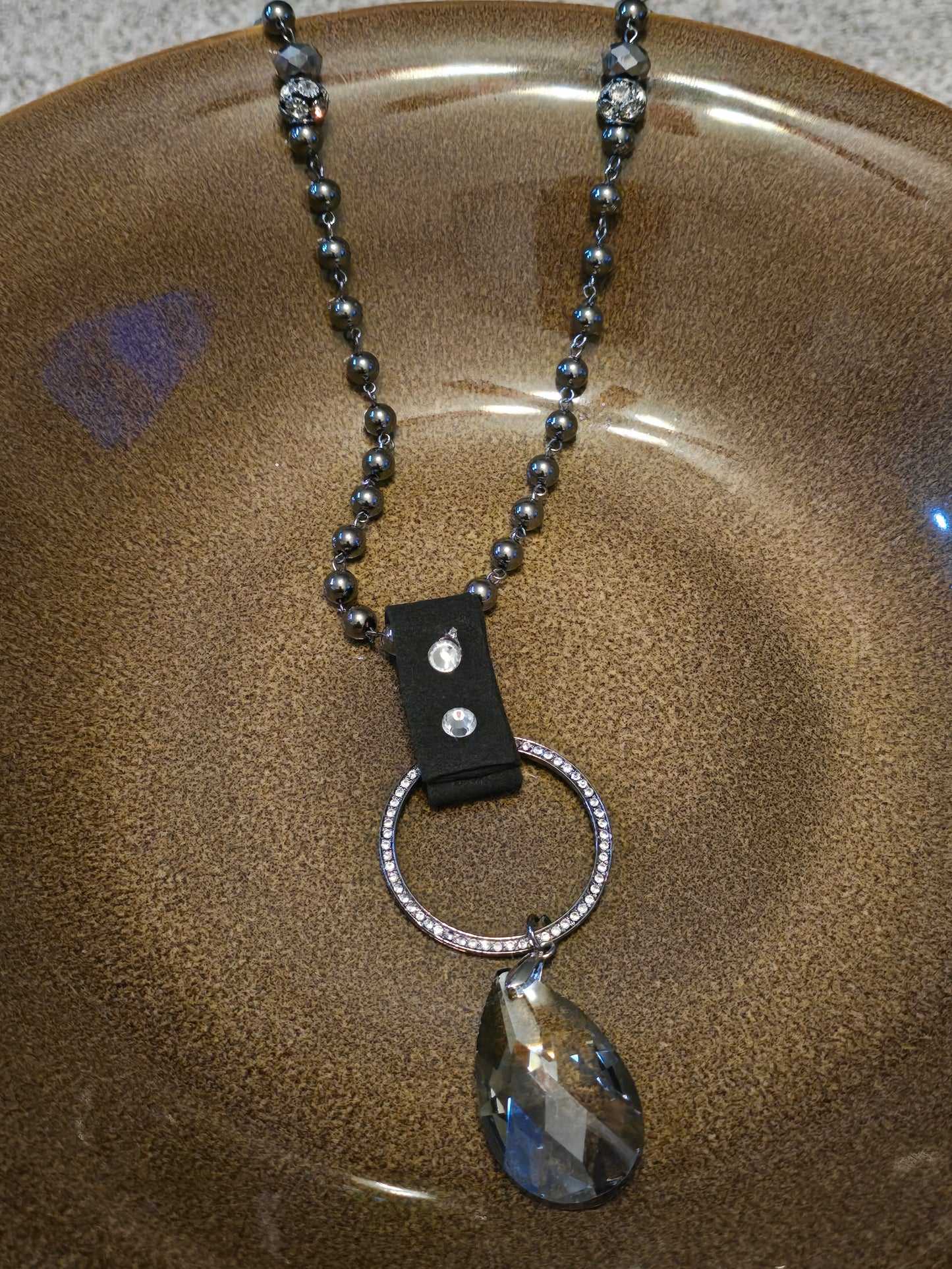 Black Leather Beaded and Crystal Necklace