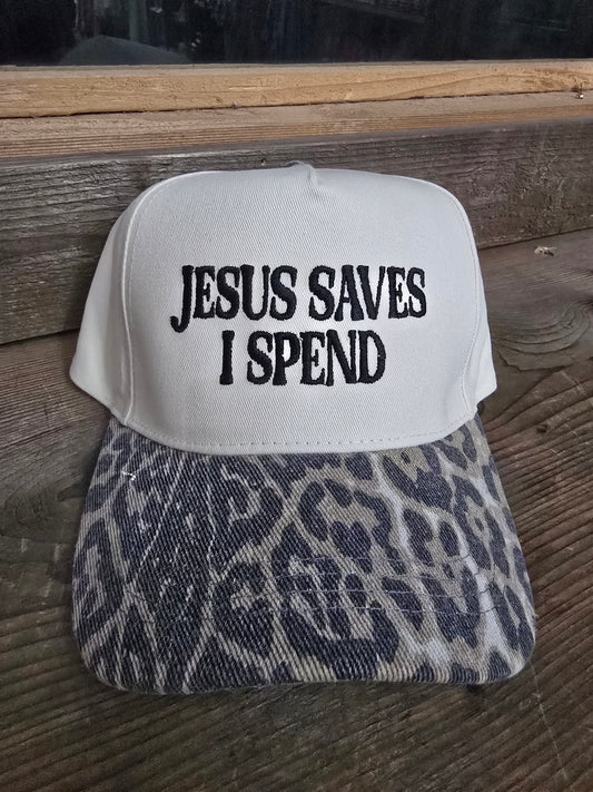 Jesus Saves I Spend Leopard Hat