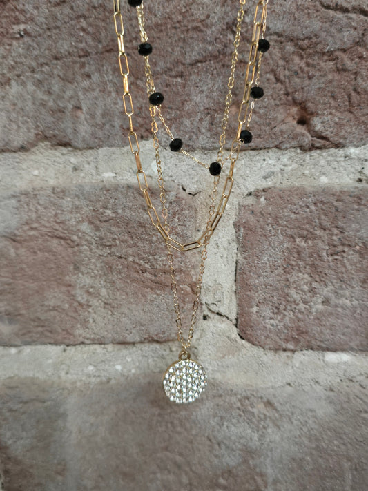 Gold Triple Strand Black Bead with Crystal Pave