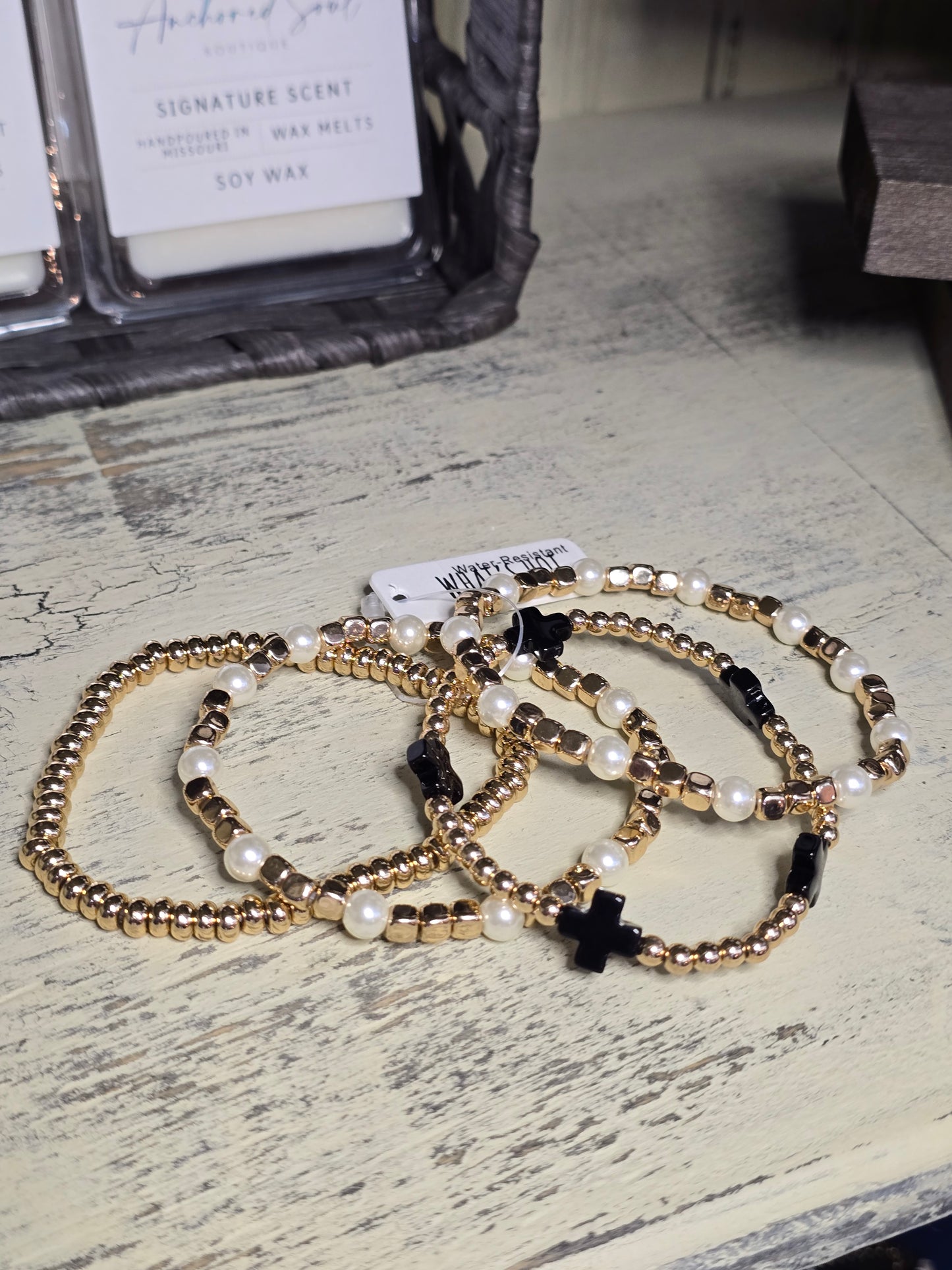 Gold Beaded Pearl with Black Crosses Bracelet Stack
