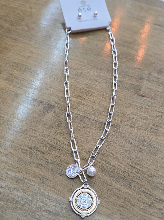 Silver Two Tone Coin and Pearl Necklace