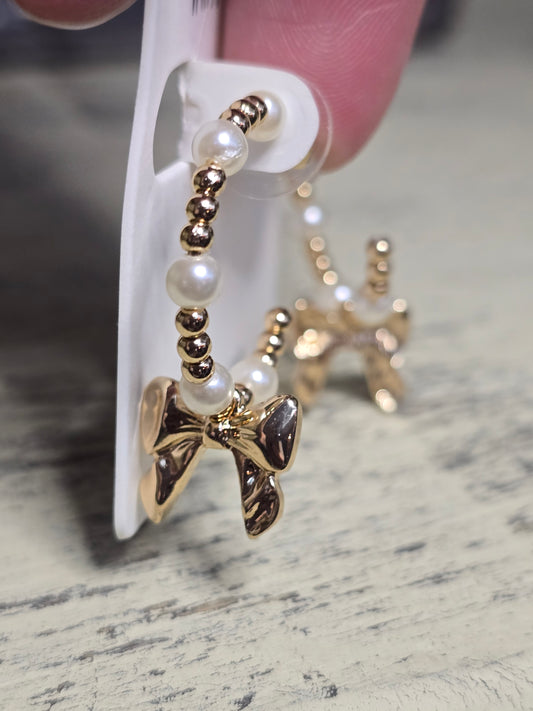 Pearl and Bow Hoop Earrings