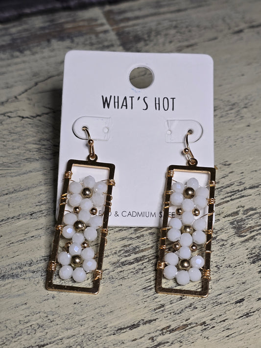 Flower and Gold Rectangle Earrings