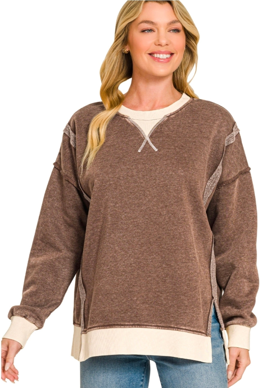 Fleece Acid Wash Contrast Pullover