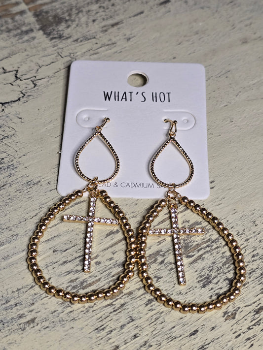 Gold Double Teardrop Cross Earring