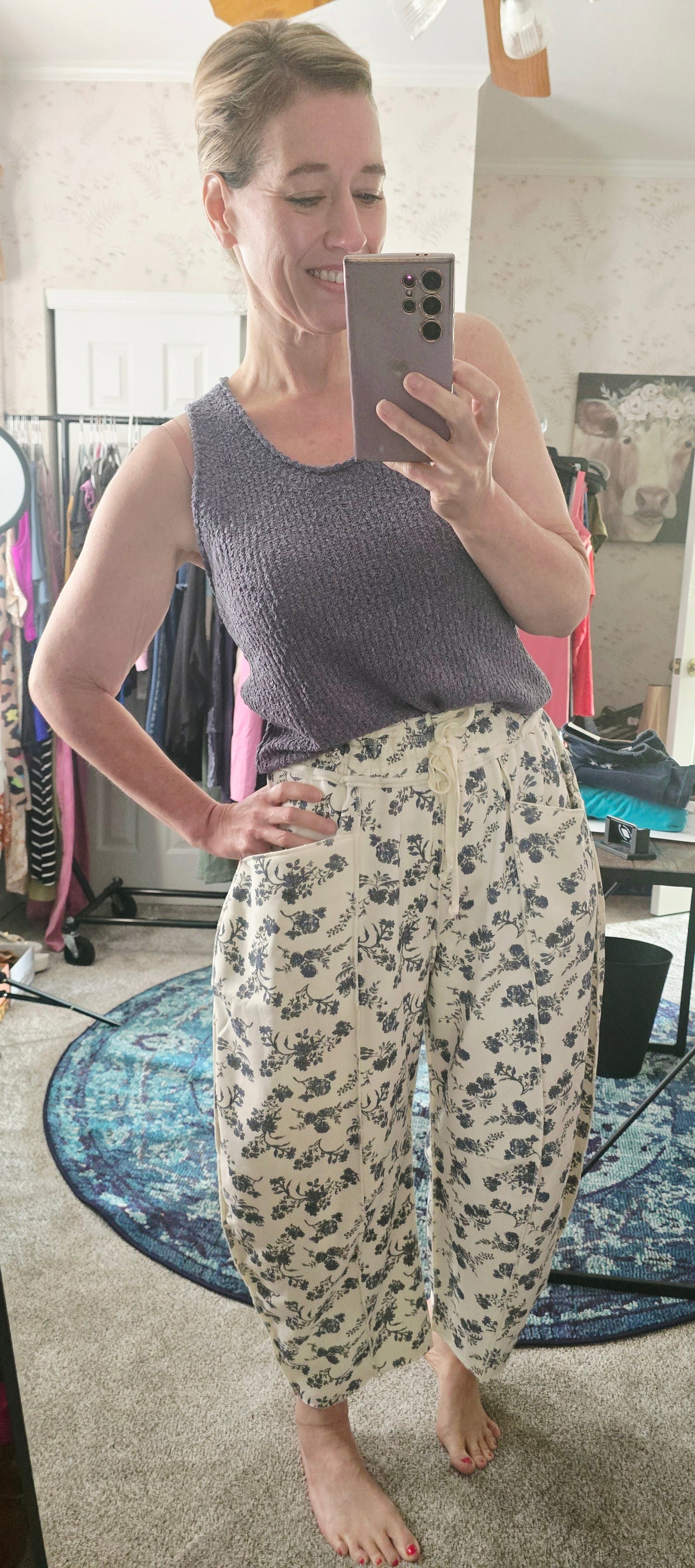 Floral Knit Barrel Pants