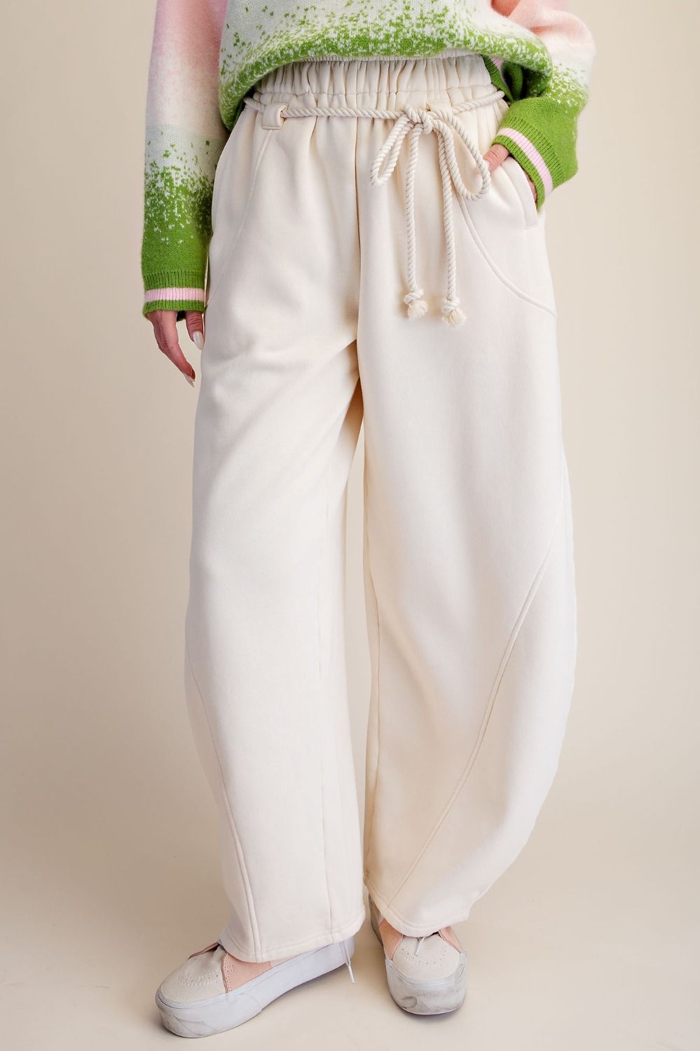 Ivory Brushed Terry Barrel Pants