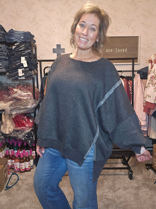 Curvy Ash Black Acid Washed Hi-Lo Fleece Sweatshirt