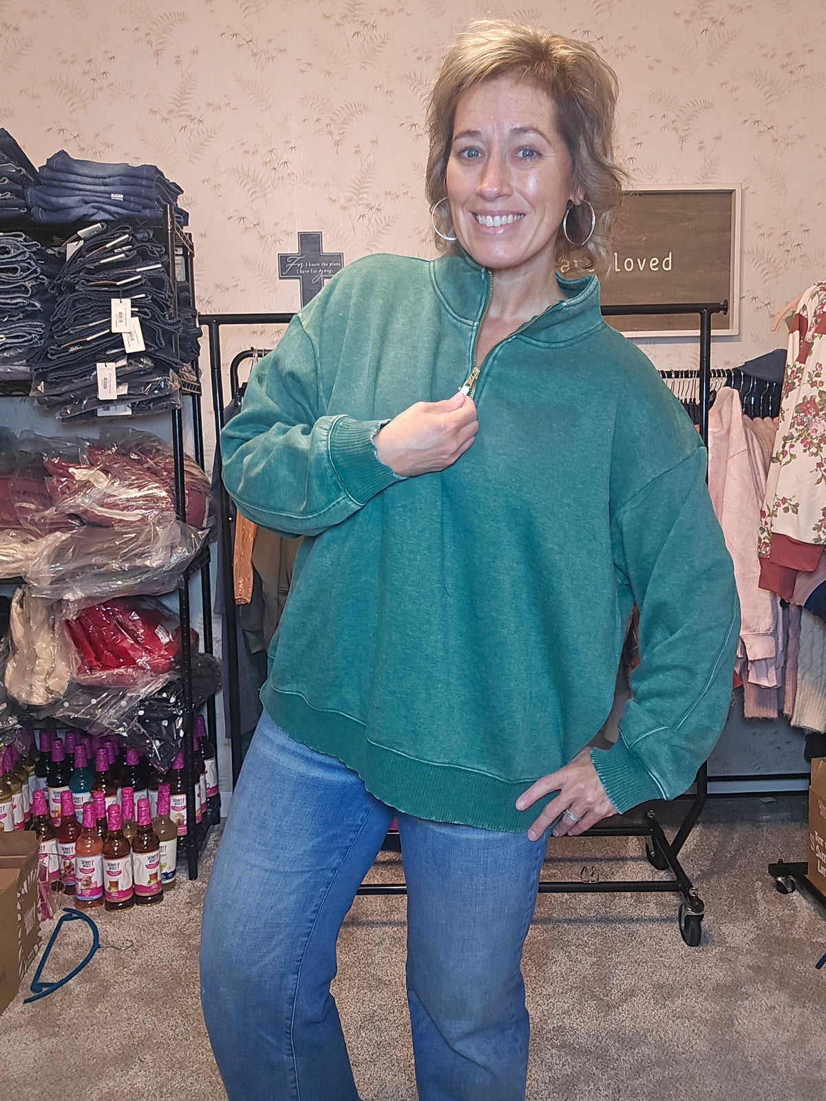 Curvy Acid Washed Zip Pullover in Hunter