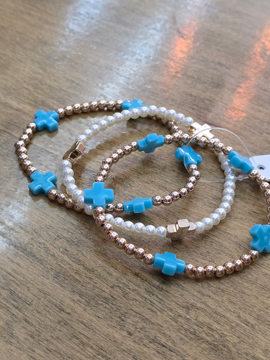 Gold Beaded and Turquoise Cross and Pearl Stretch Bracelet Set