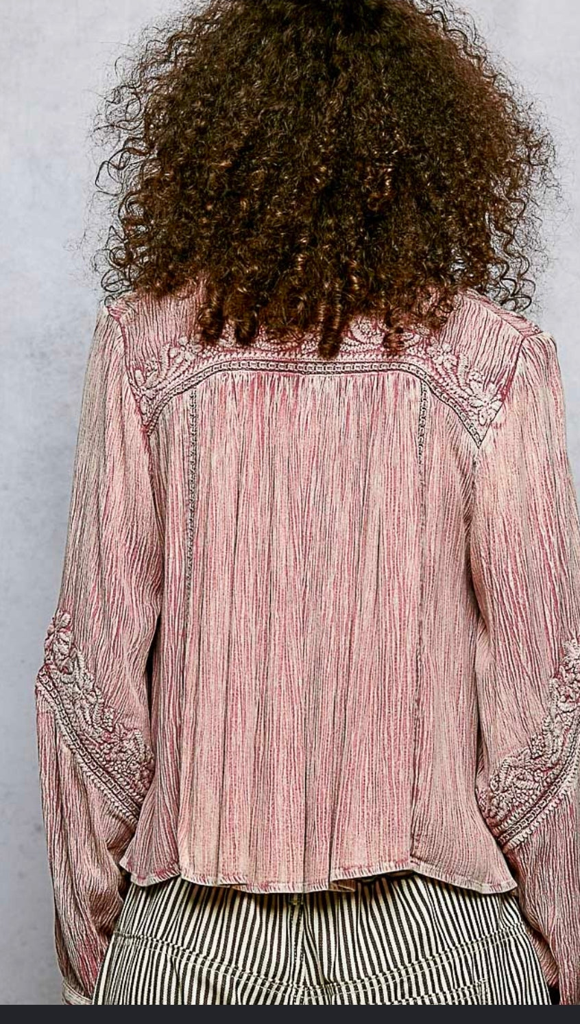 Pink Floral Embroidery Blouse