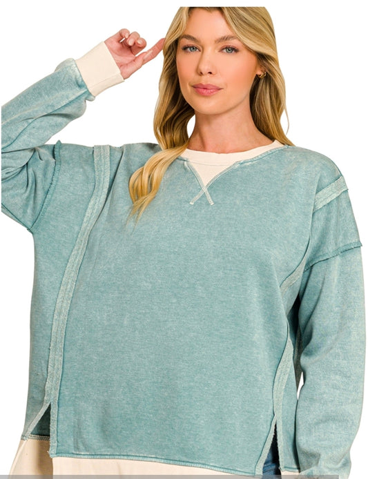 Fleece Acid Wash Contrast Pullover