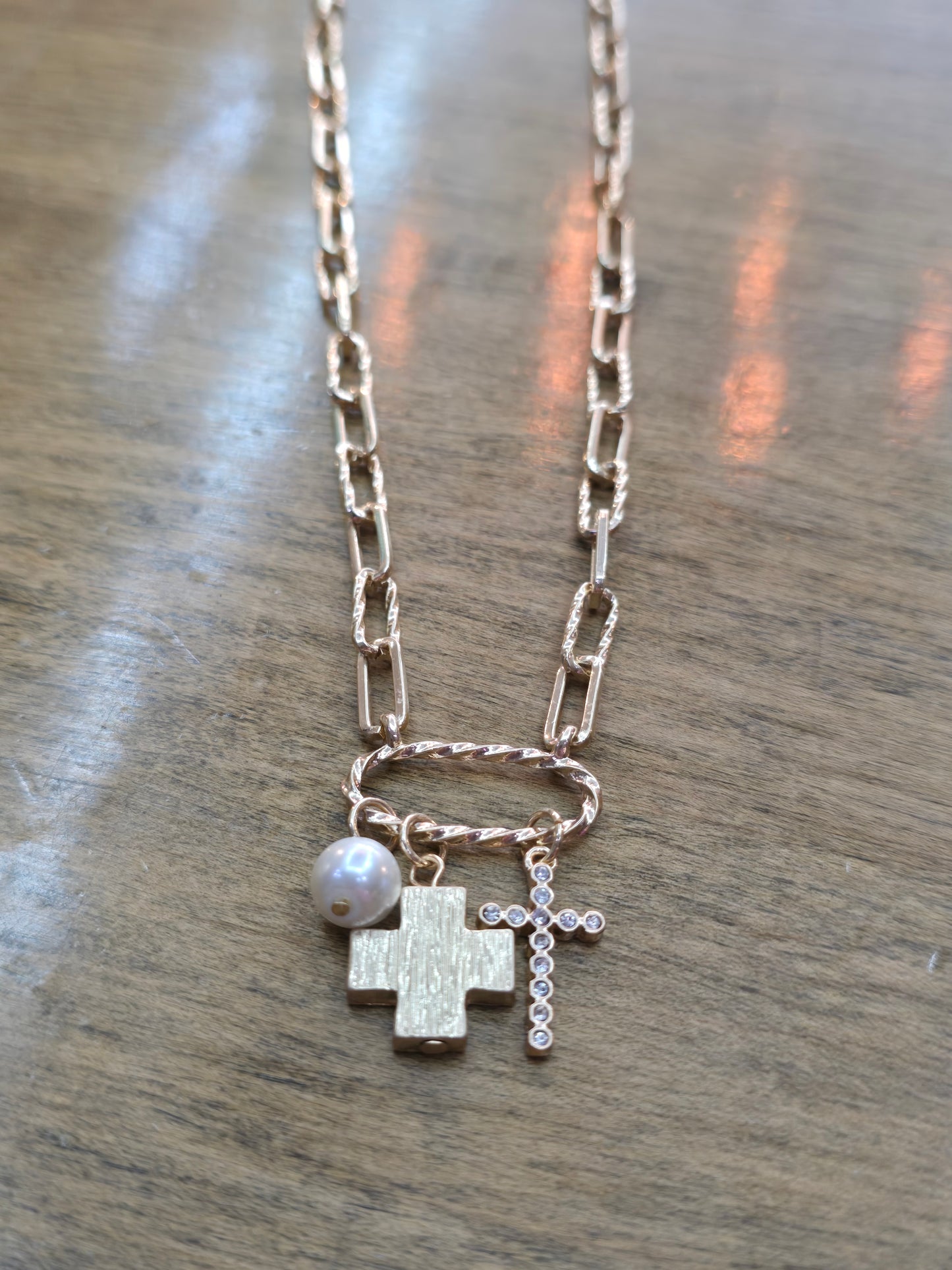 Gold Cross and Pearl Charm Necklace