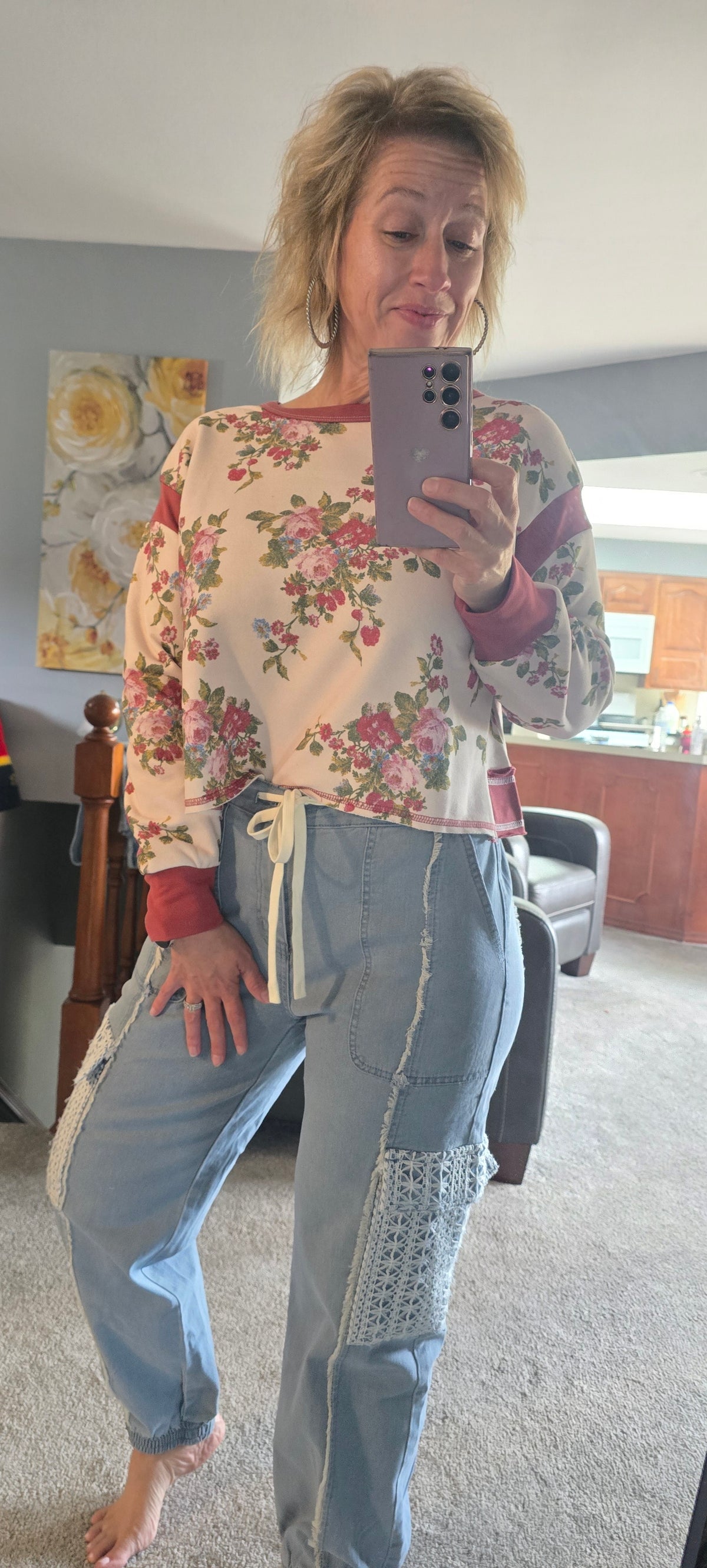 FLORAL BRUSHED TERRY OPEN BACK LONG SLEEVES TOP