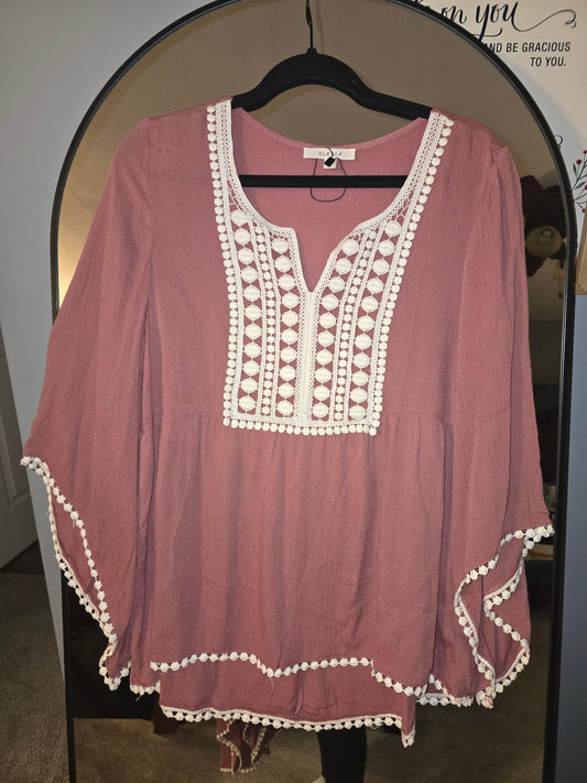 Dusty Rose Boho Lace Trim Tunic