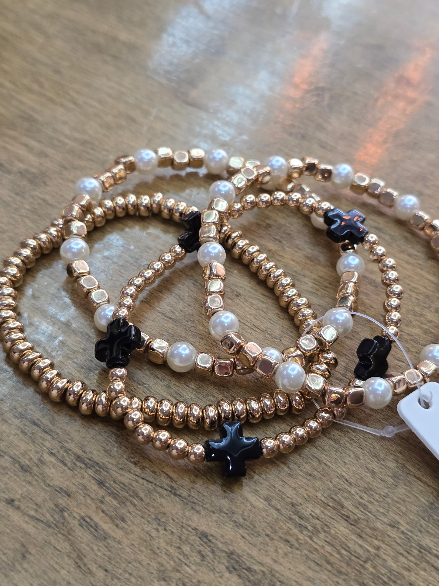 Gold Beaded Pearl with Black Crosses Bracelet Stack